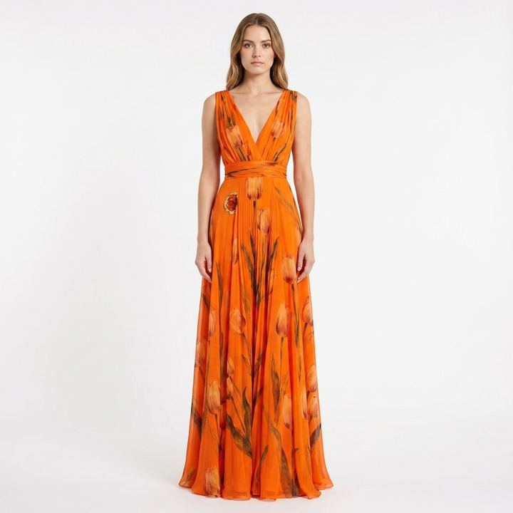 Women's Tulip Print Maxi Dress V-Neck Chiffon Formal Gown