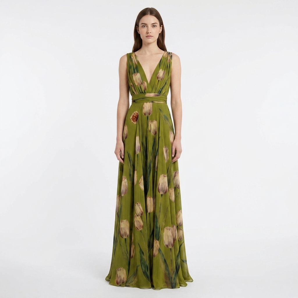 Women's Tulip Print Maxi Dress V-Neck Chiffon Formal Gown