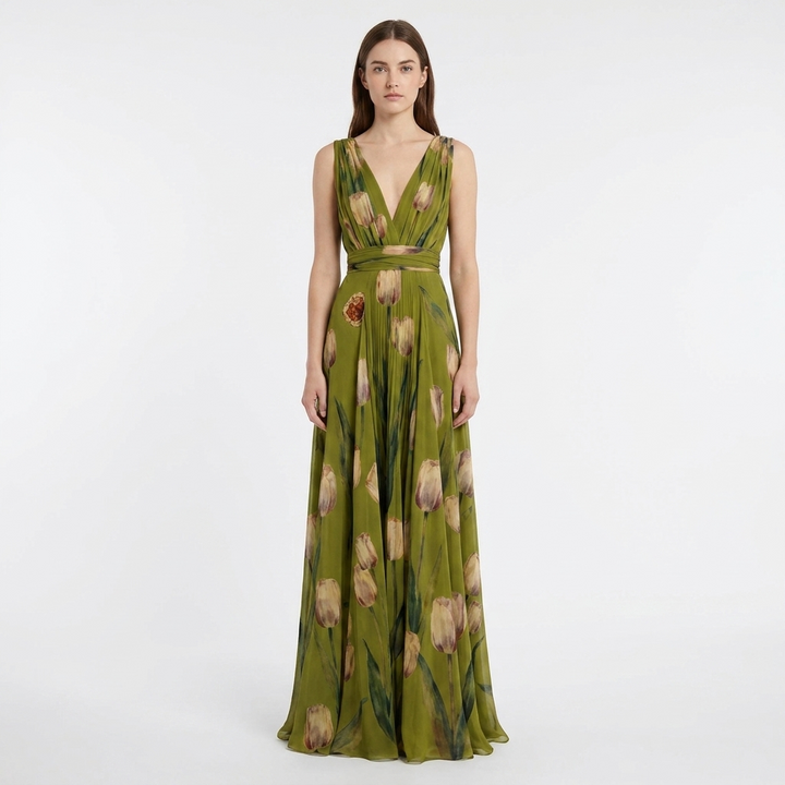 Women's Tulip Print Maxi Dress V-Neck Chiffon Formal Gown