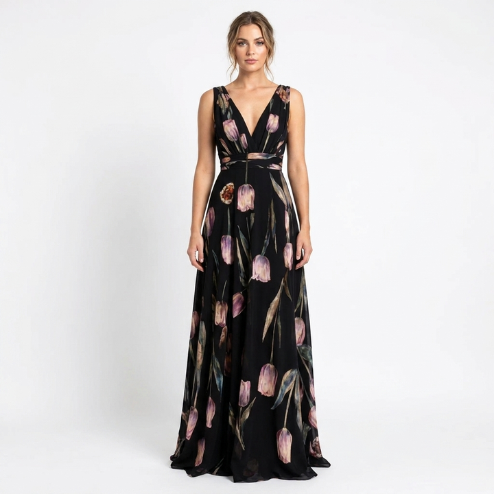 Women's Tulip Print Maxi Dress V-Neck Chiffon Formal Gown