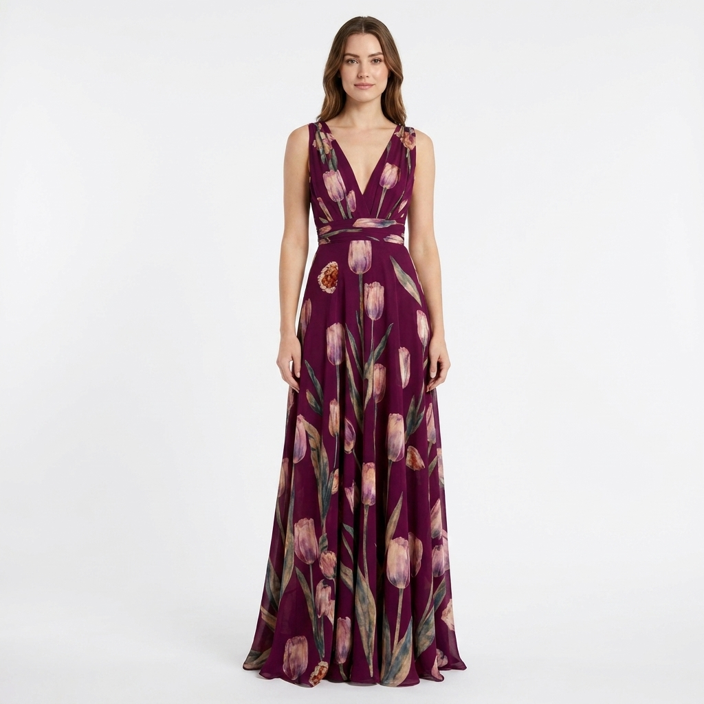 Women's Tulip Print Maxi Dress V-Neck Chiffon Formal Gown