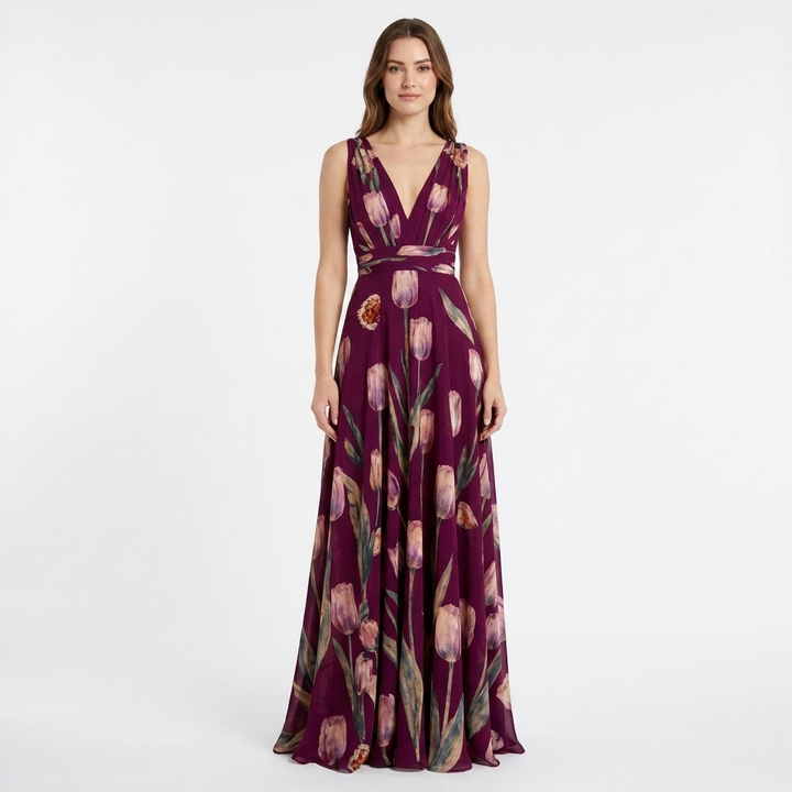 Women's Tulip Print Maxi Dress V-Neck Chiffon Formal Gown