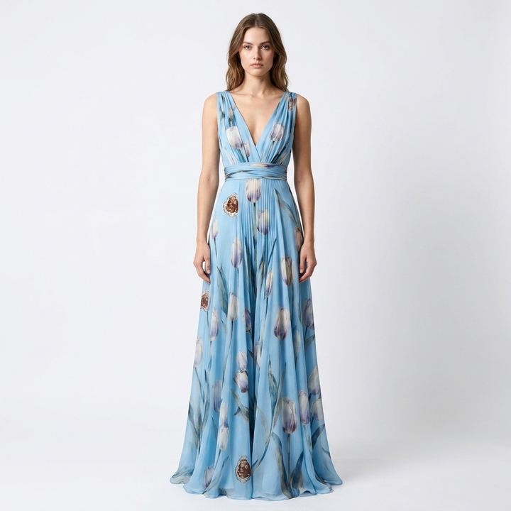Women's Tulip Print Maxi Dress V-Neck Chiffon Formal Gown