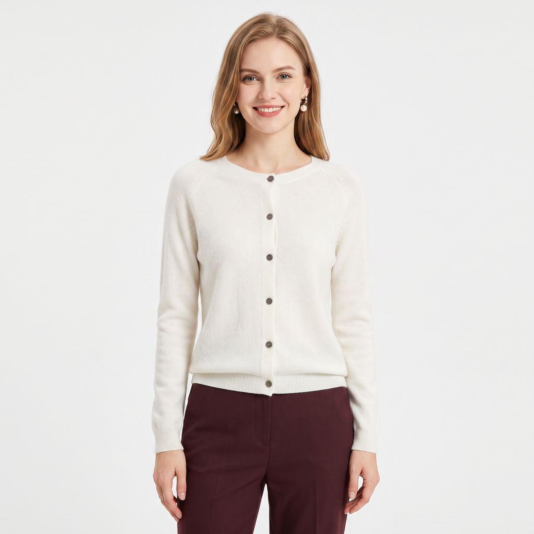 Women's Wool Knit Cardigan Crew Neck Button-Up Long Sleeve Sweater