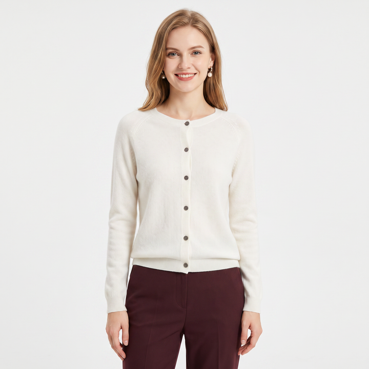 Women's Wool Knit Cardigan Crew Neck Button-Up Long Sleeve Sweater