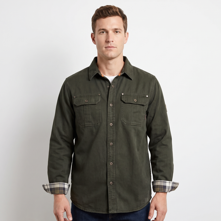 Men's Flannel-Lined Shirt Jacket Snap Button Cotton Workwear Overshirt