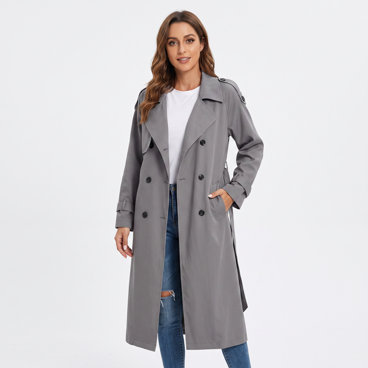 Women's Long Trench Coat Double-Breasted Belted Oversized Lapel Jacket