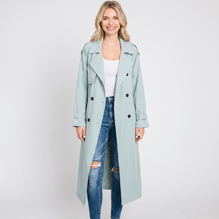 Women's Long Trench Coat Double-Breasted Belted Oversized Lapel Jacket