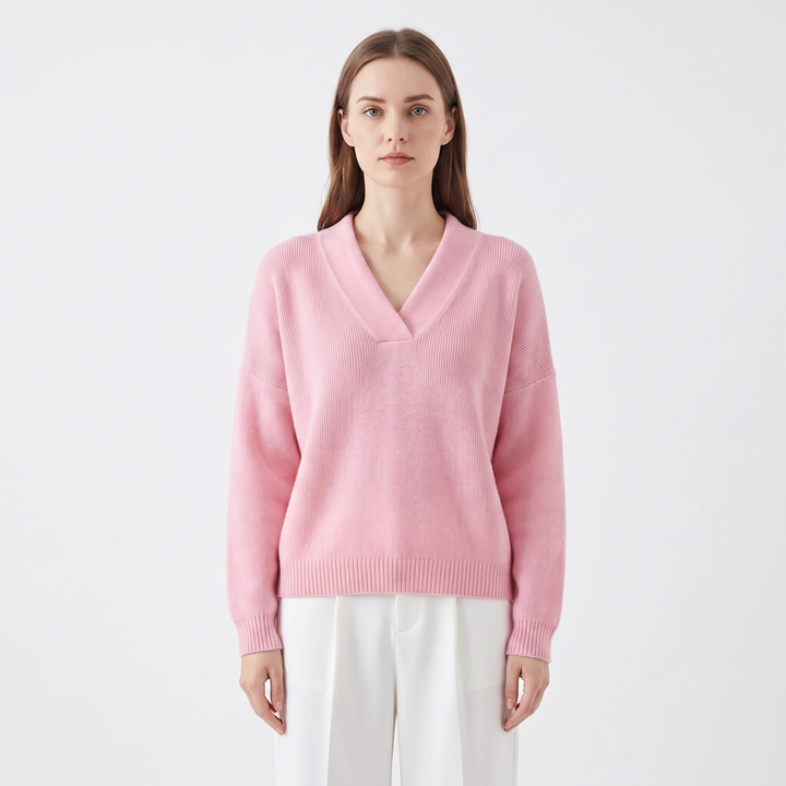 Women's Deep V-Neck Sweater Relaxed-Fit Long Sleeve Knit Pullover