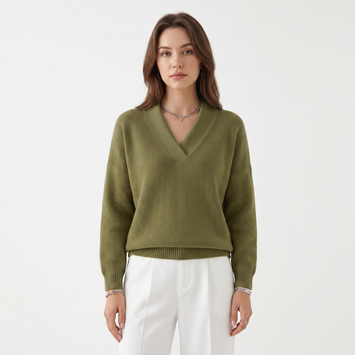 Women's Deep V-Neck Sweater Relaxed-Fit Long Sleeve Knit Pullover