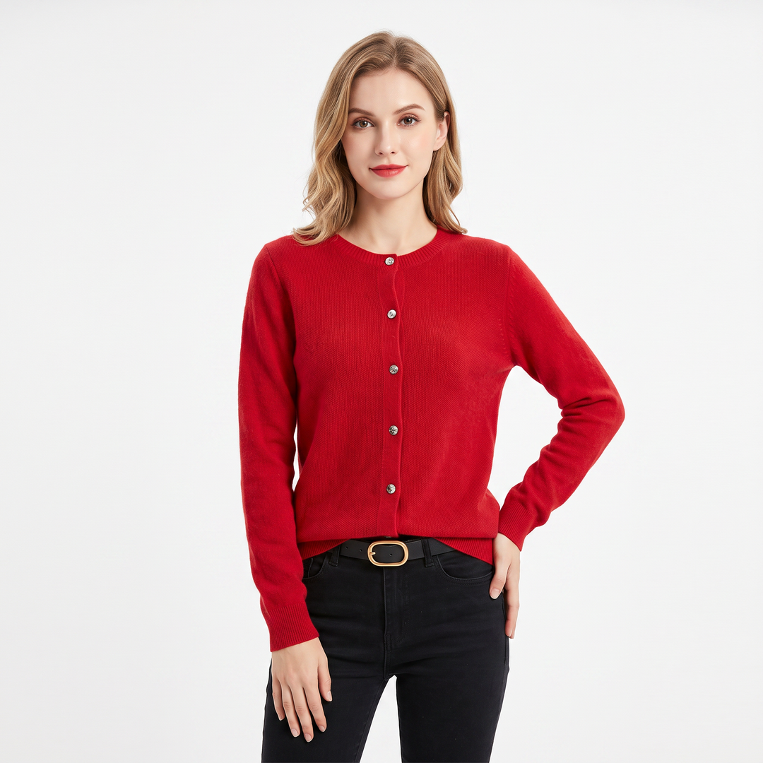 Women's Button-Front Cardigan Crew Neck Knit Sweater Slim Fit