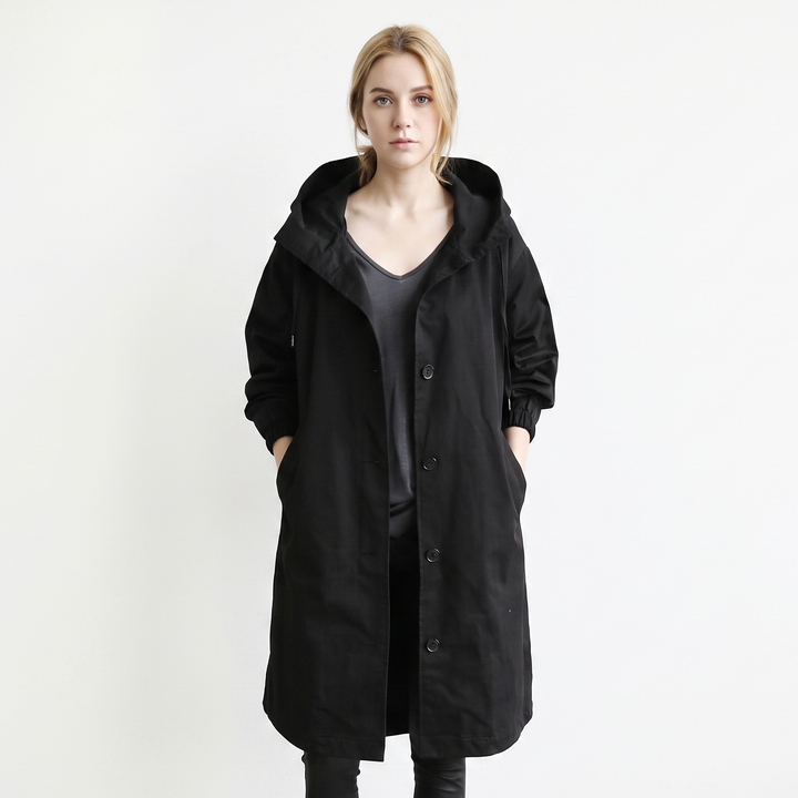 Women's Long Hooded Trench Coat Oversized Button-Front Casual Jacket