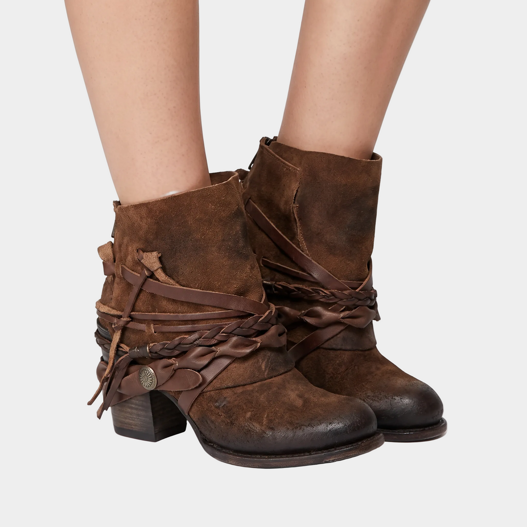 Women's Ankle Boots Braided Strap Block Heel Vintage Leather Booties