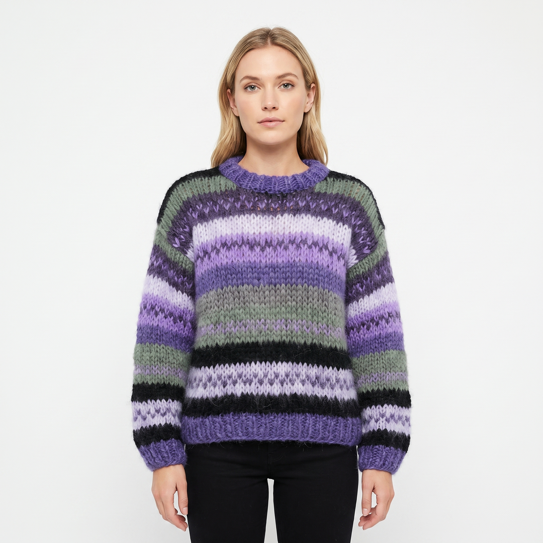 Women's Striped Knit Sweater Oversized Chunky Crew Neck Jumper