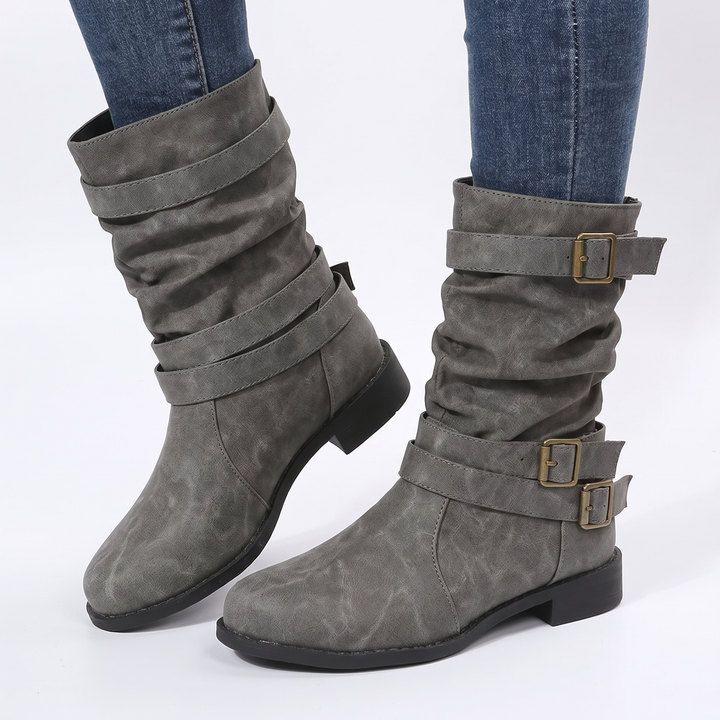 Women's Slouchy Buckle Boots Mid Calf Faux Leather Block Heel