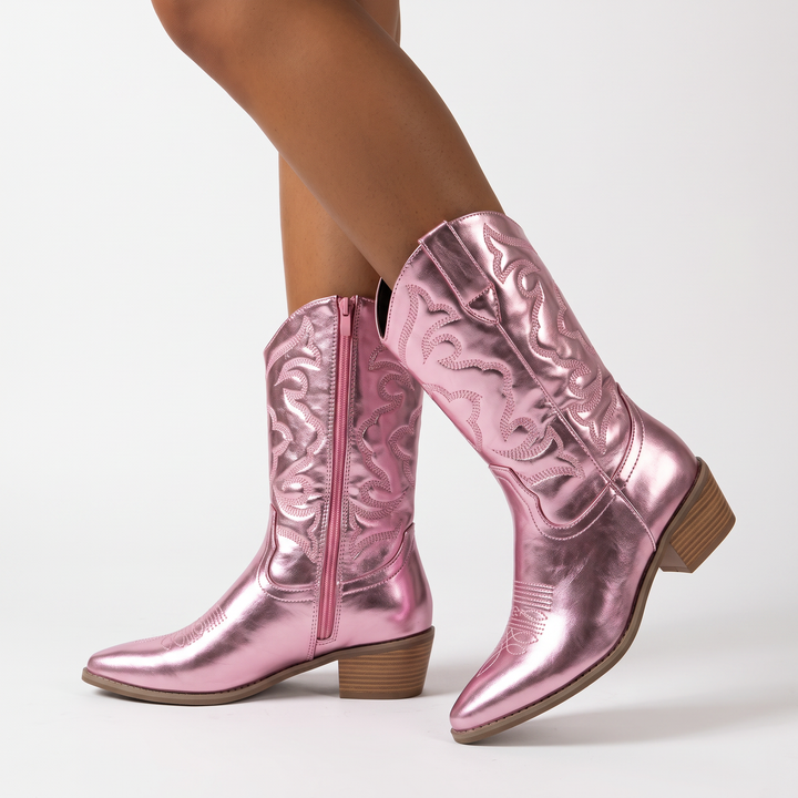 Women's Western Cowboy Boots Embroidered Mid Calf Block Heel