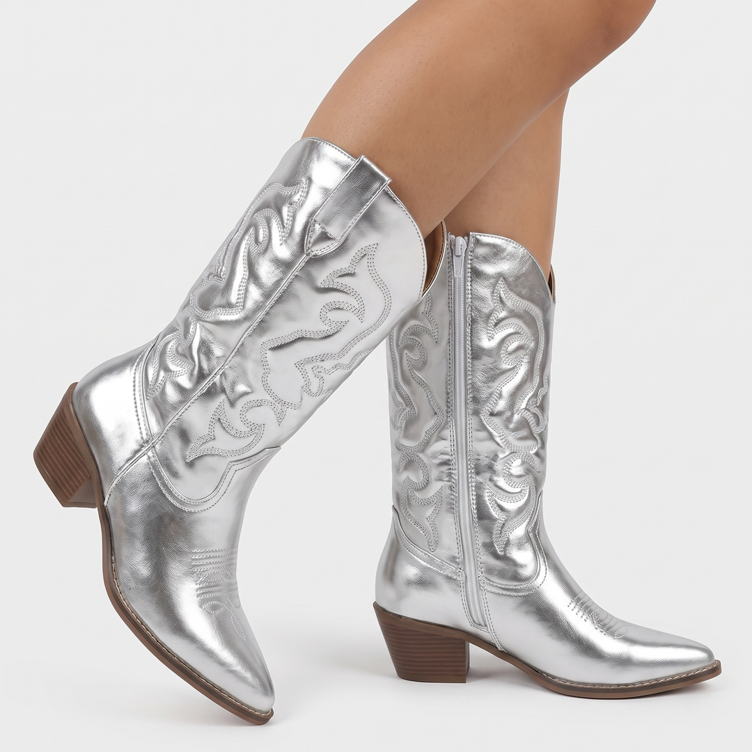 Women's Western Cowboy Boots Embroidered Mid Calf Block Heel