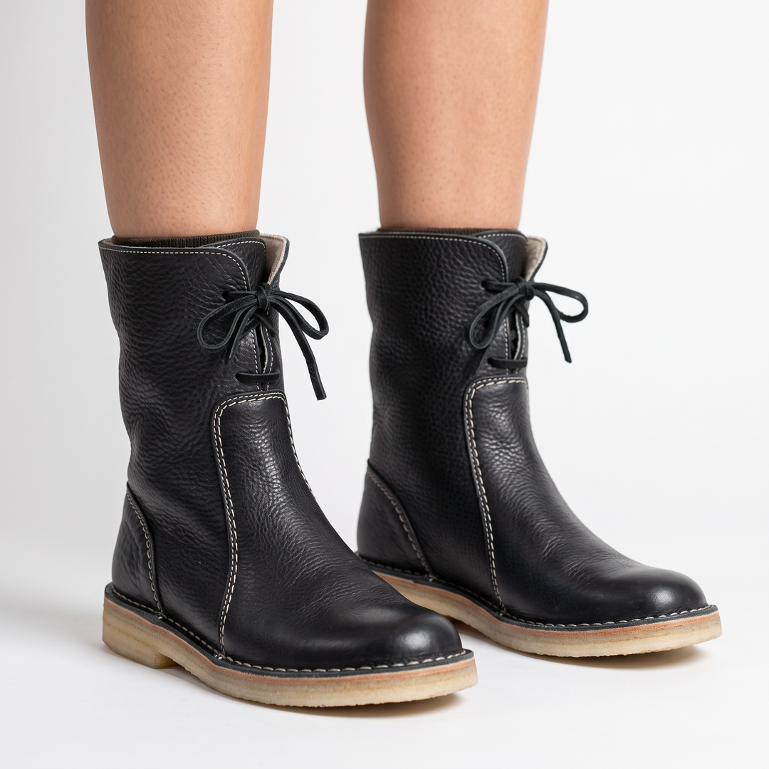 Women's Shearling Lined Leather Boots Lace-Up Mid Calf Winter Boots