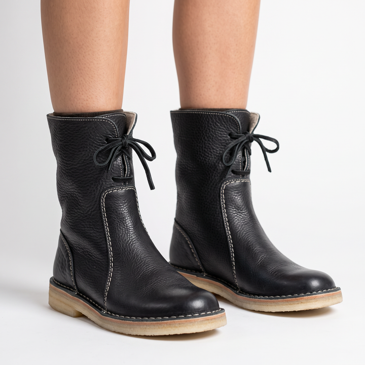 Women's Shearling Lined Leather Boots Lace-Up Mid Calf Winter Boots