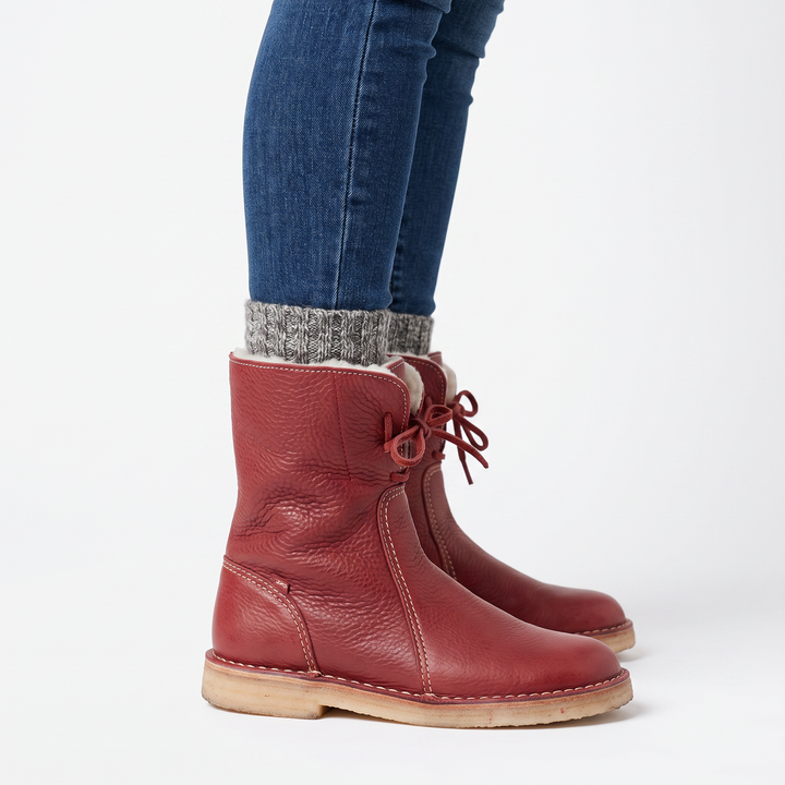 Women's Shearling Lined Leather Boots Lace-Up Mid Calf Winter Boots