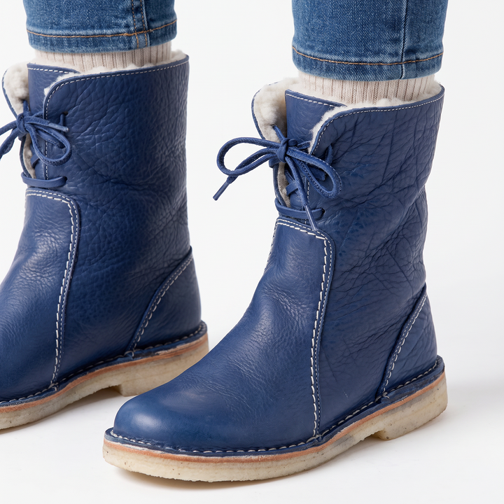 Women's Shearling Lined Leather Boots Lace-Up Mid Calf Winter Boots