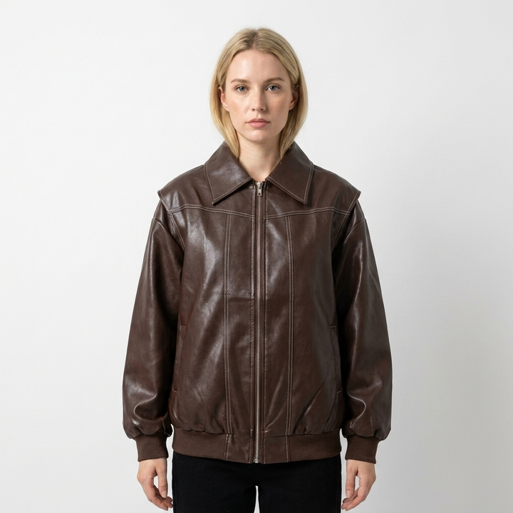 Women's Faux Leather Jacket Oversized Zip-Up Ribbed Cuff