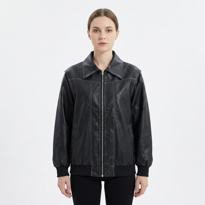 Women's Faux Leather Jacket Oversized Zip-Up Ribbed Cuff
