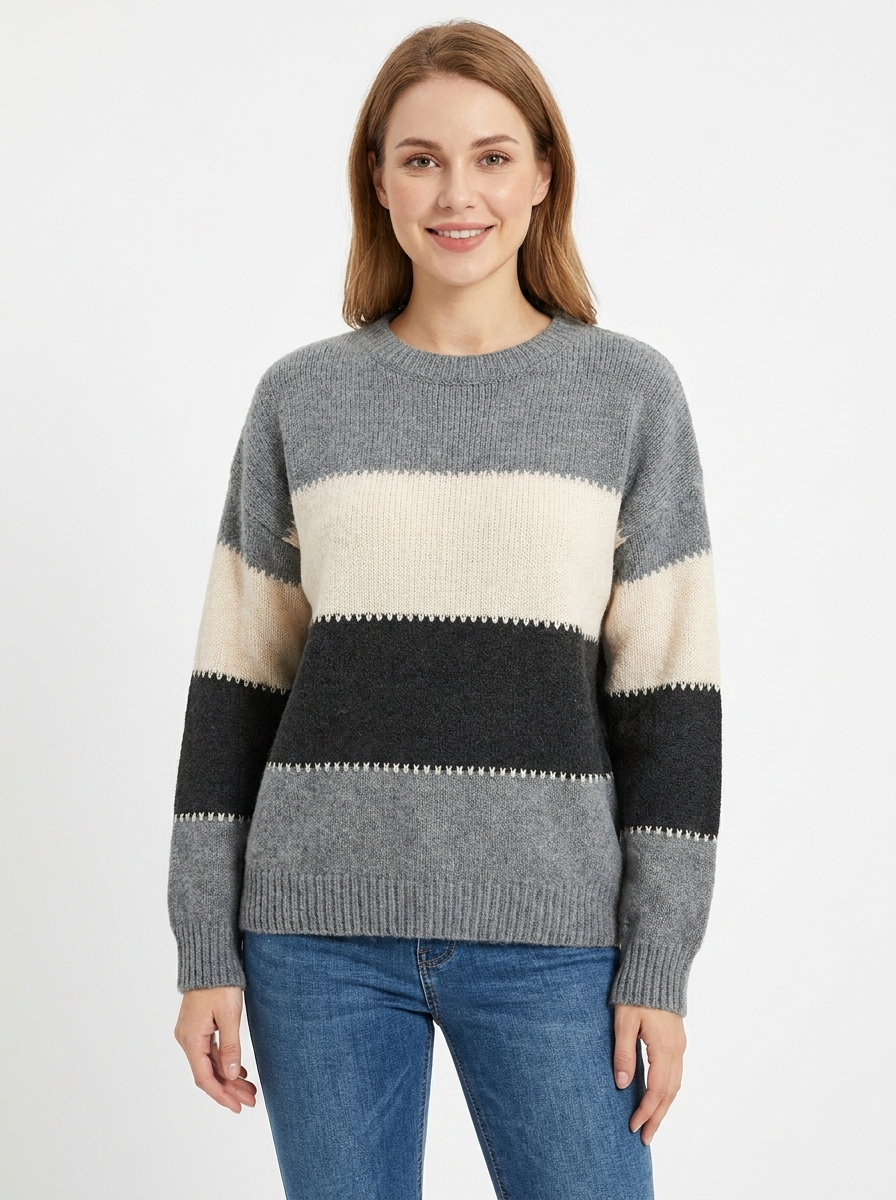 Women's Color-Block Sweater Crew Neck Long Sleeve Knit Pullover