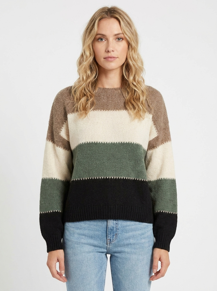 Women's Color-Block Sweater Crew Neck Long Sleeve Knit Pullover