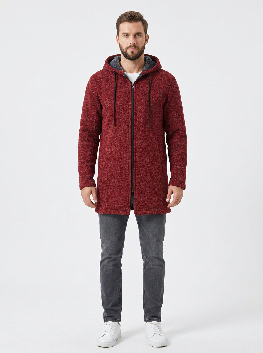 Men's Long Hooded Cardigan Fleece-Lined Zip-Up Knit Coat