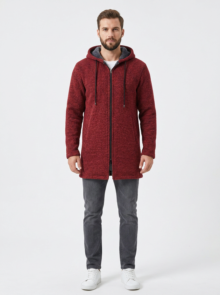 Men's Long Hooded Cardigan Fleece-Lined Zip-Up Knit Coat