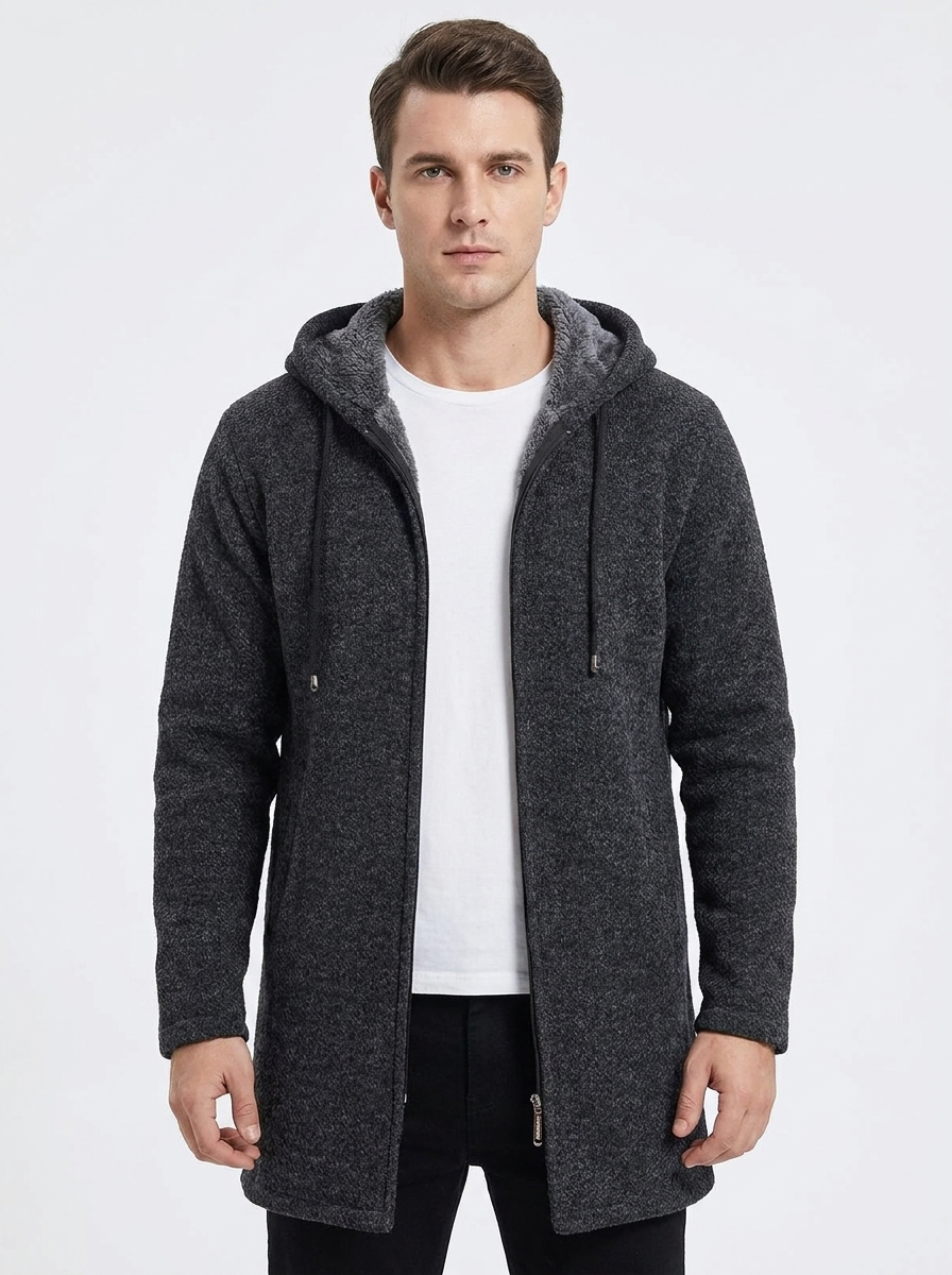 Men's Long Hooded Cardigan Fleece-Lined Zip-Up Knit Coat