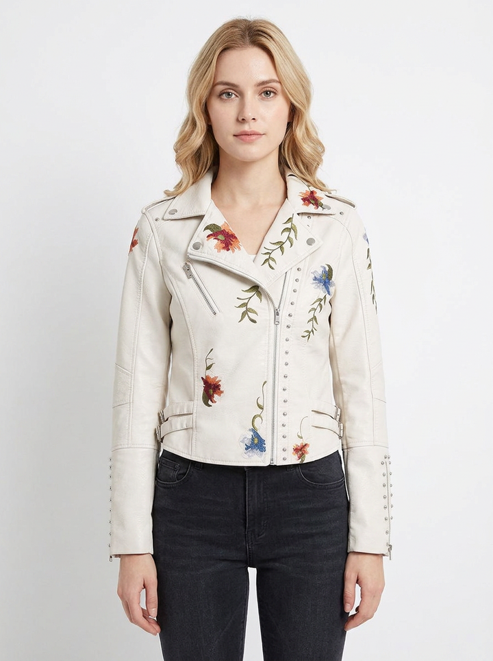 Women's Faux Leather Moto Jacket Floral Embroidered Studded