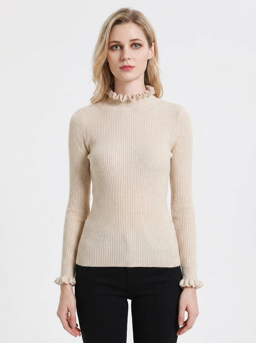 Women's Ribbed Knit Sweater Ruffle Collar Long Sleeve Pullover
