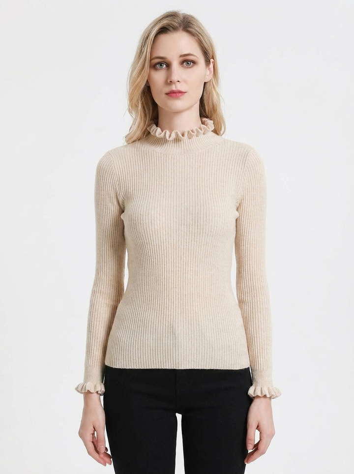 Women's Ribbed Knit Sweater Ruffle Collar Long Sleeve Pullover
