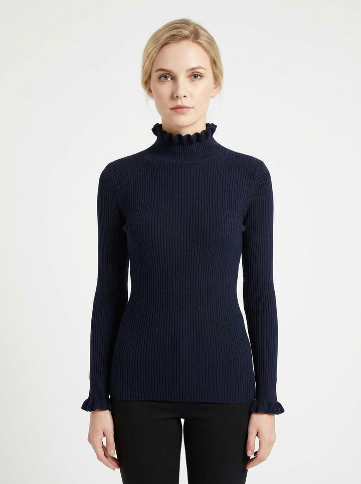 Women's Ribbed Knit Sweater Ruffle Collar Long Sleeve Pullover