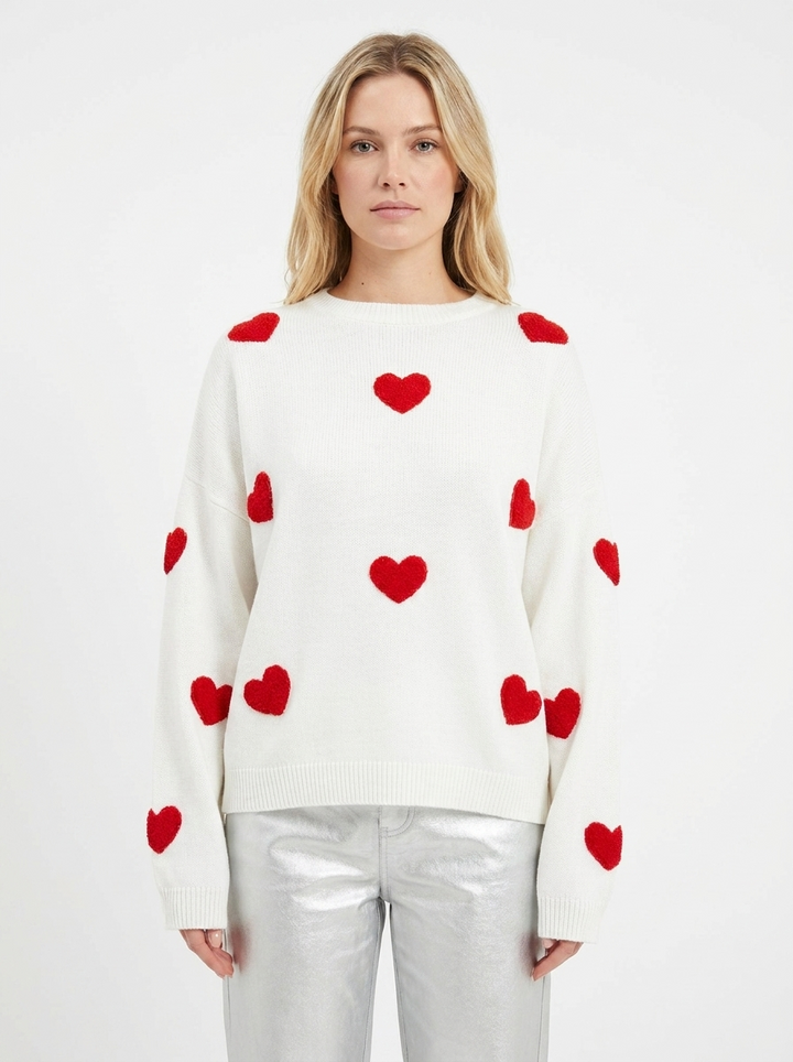 Women's Heart Print Sweater Oversized Crew Neck Knit Pullover