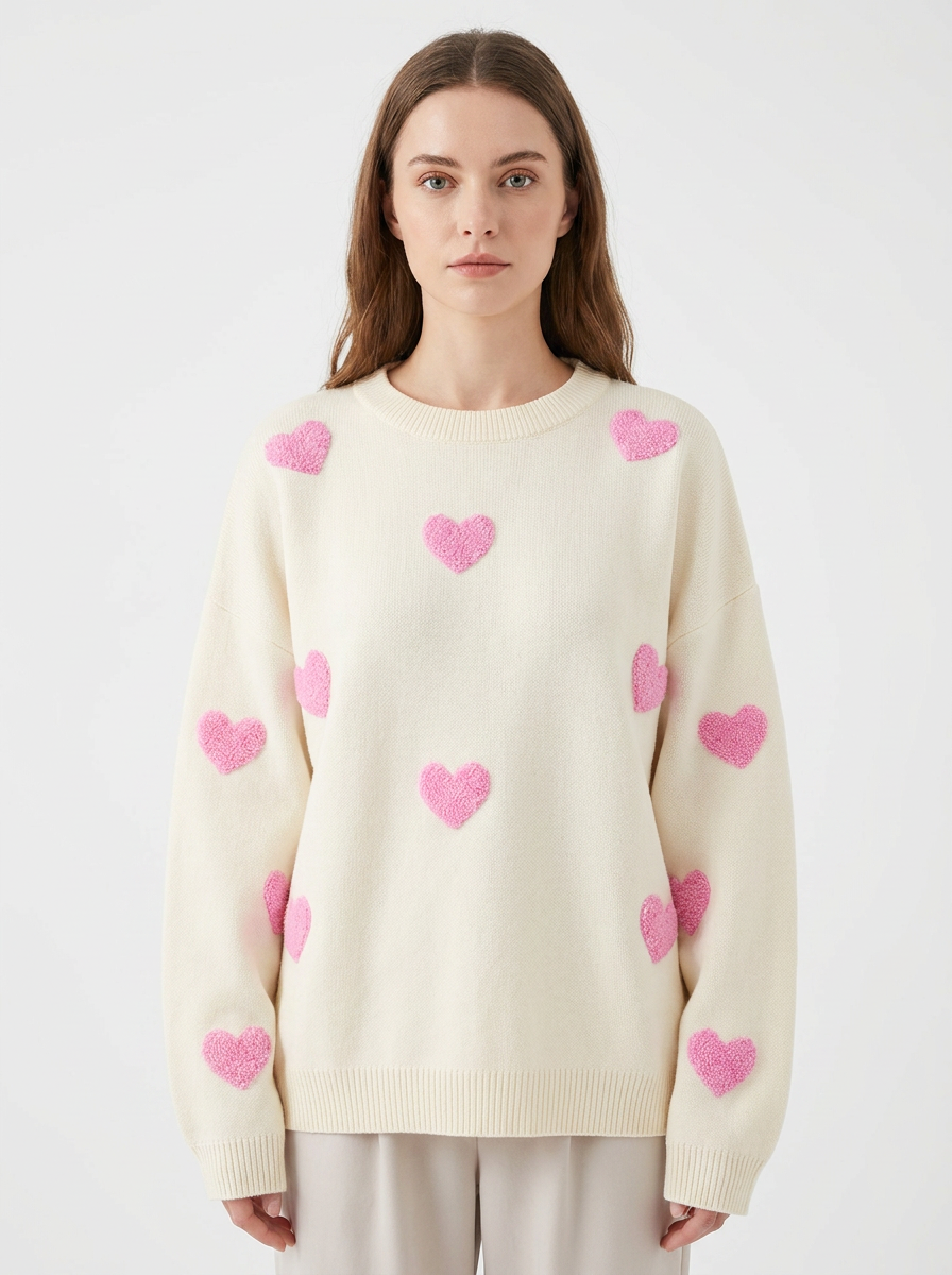 Women's Heart Print Sweater Oversized Crew Neck Knit Pullover