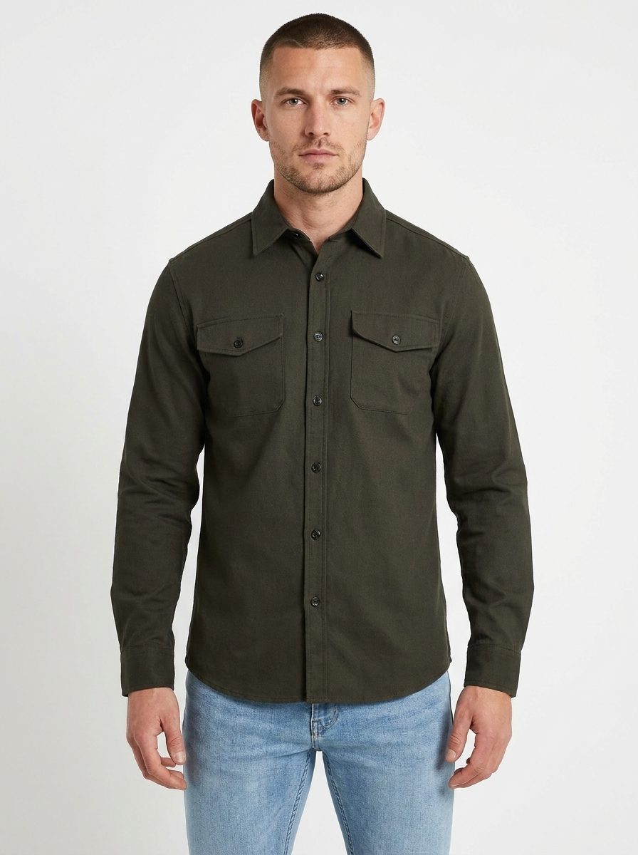 Men's Long Sleeve Button-Up Shirt Dual Chest Pocket Casual