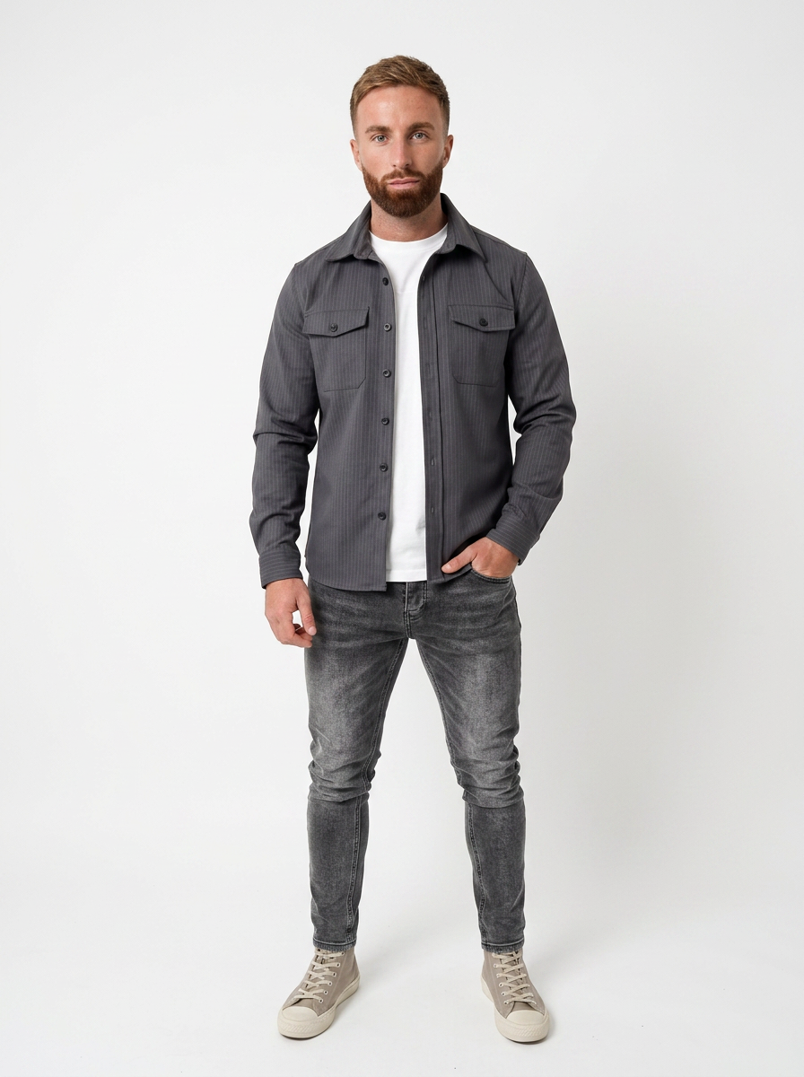 Men's Long Sleeve Button-Up Shirt Dual Chest Pocket Casual