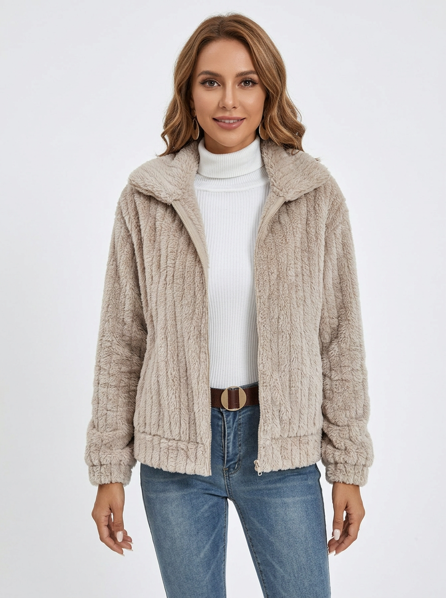 Women's Fleece Jacket Textured Collared Zip-Up Oversized Coat