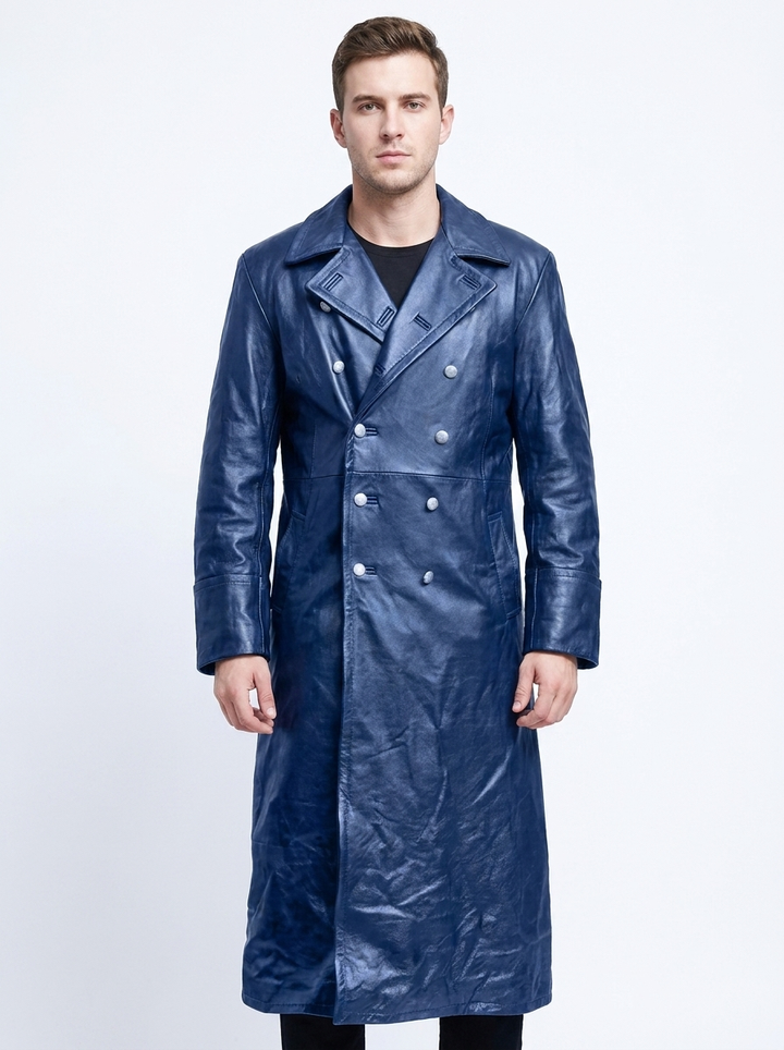 Men's Faux Leather Trench Coat Double-Breasted Full-Length Overcoat