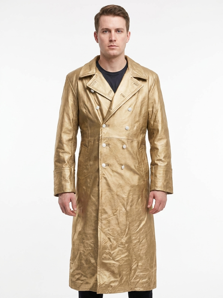 Men's Faux Leather Trench Coat Double-Breasted Full-Length Overcoat