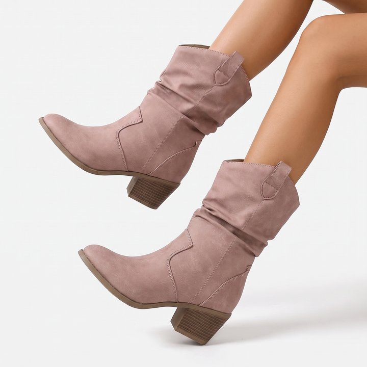 Women's Slouchy Western Boots Faux Leather Block Heel Mid Calf