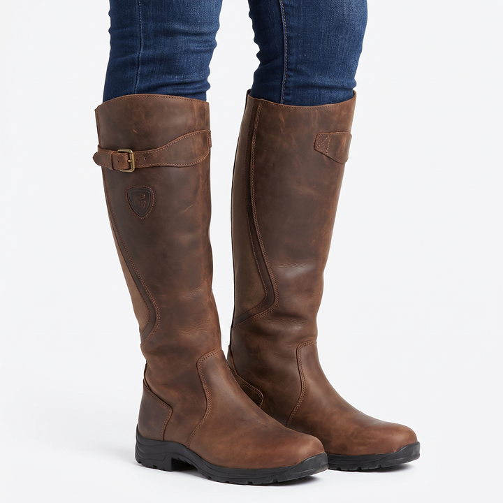 Women's Leather Riding Boots Knee High Buckle Strap Equestrian Boots