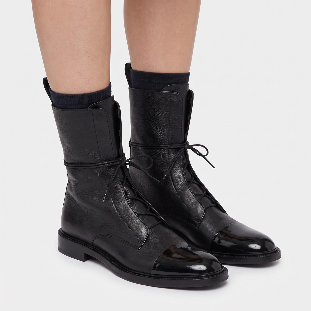 Women's Lace Up Ankle Boots Patent Cap Toe Leather Combat Boots