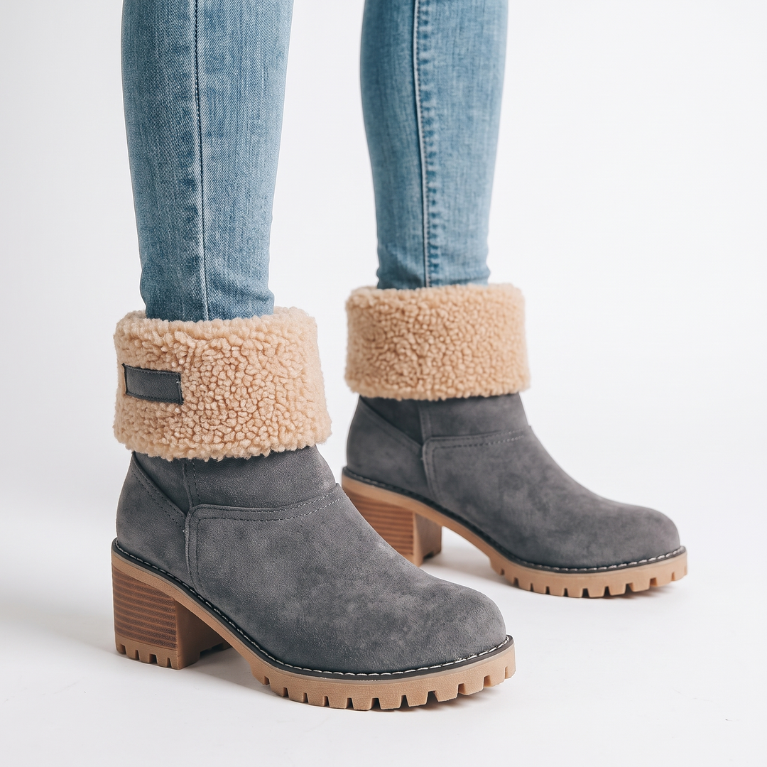 Women's Fur Cuff Ankle Boots Suede Block Heel Winter Booties