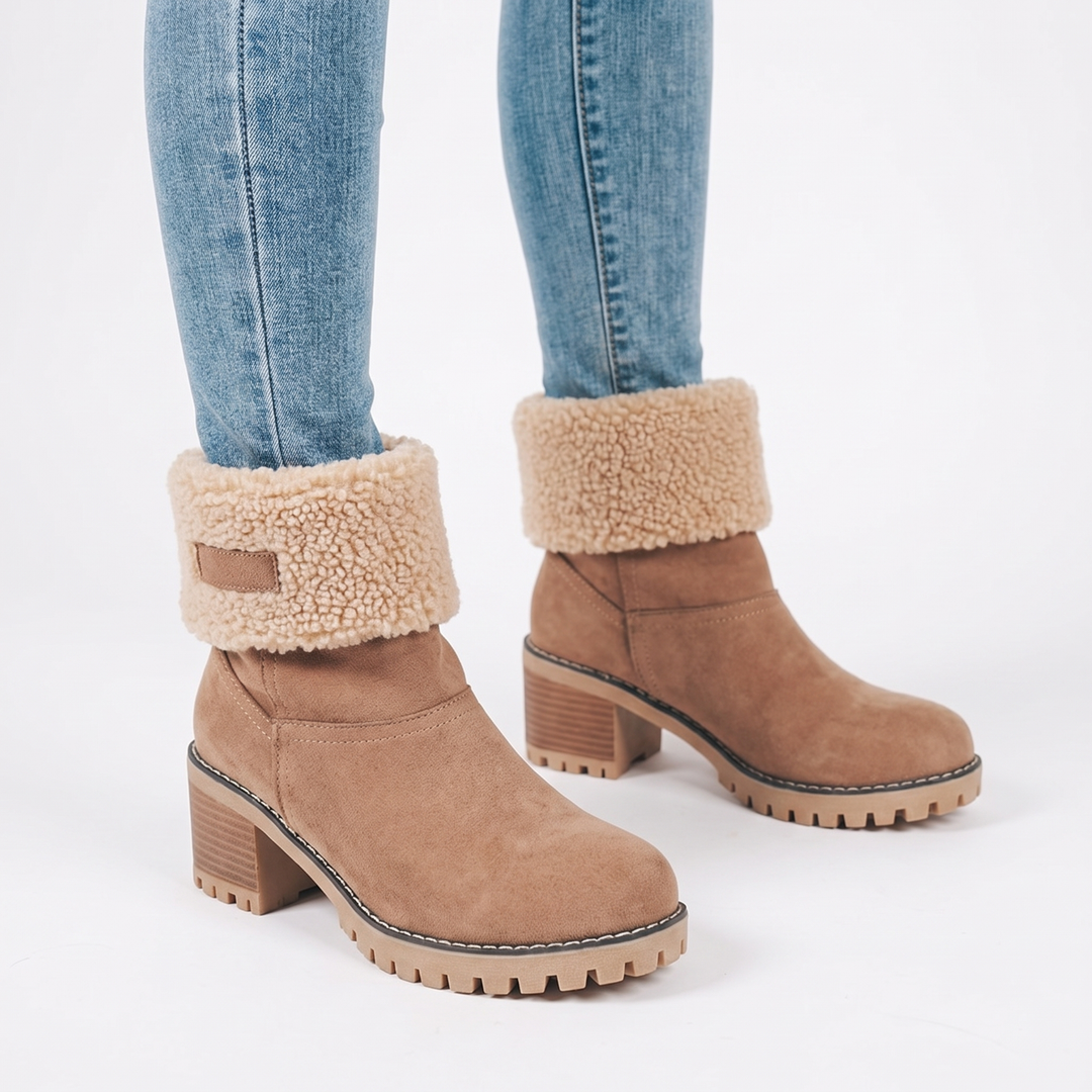 Women's Fur Cuff Ankle Boots Suede Block Heel Winter Booties