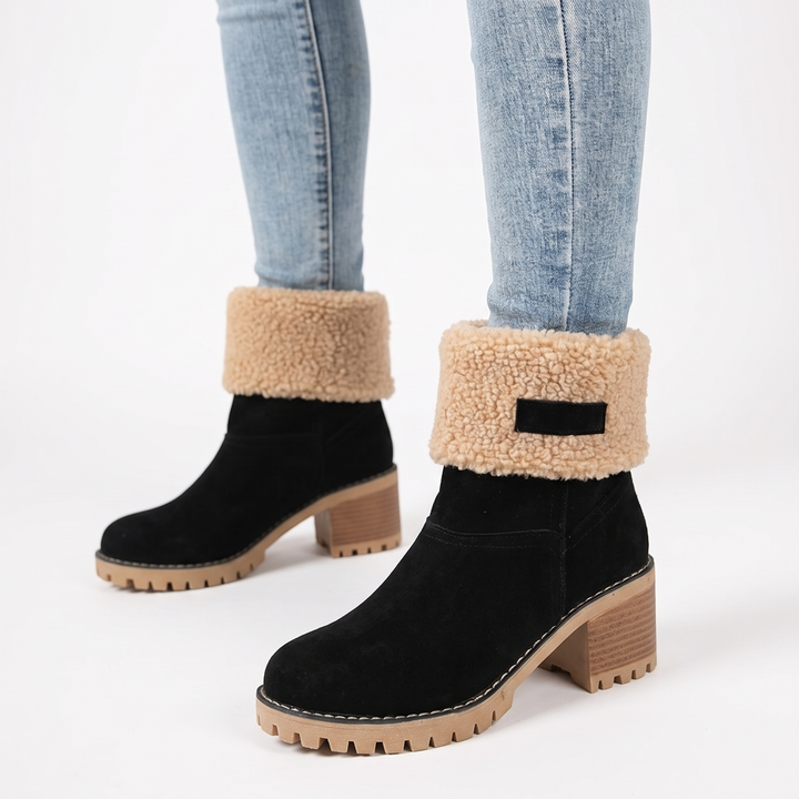 Women's Fur Cuff Ankle Boots Suede Block Heel Winter Booties