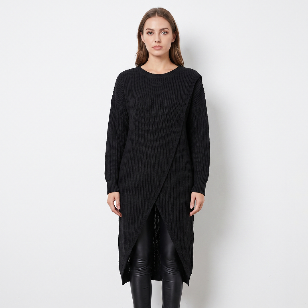 Women's Wrap Front Sweater Dress Long Sleeve Knit Maxi Tunic